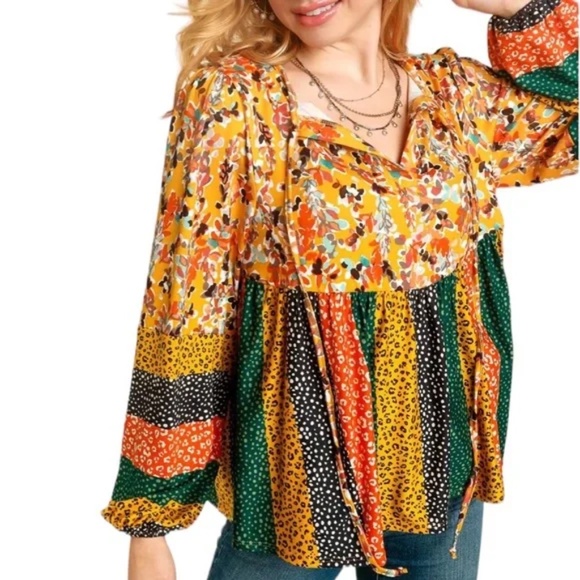 Haptics by Holly Harper Mustard Floral & Leopard Boho Top L/S Size Medium - Picture 12 of 12